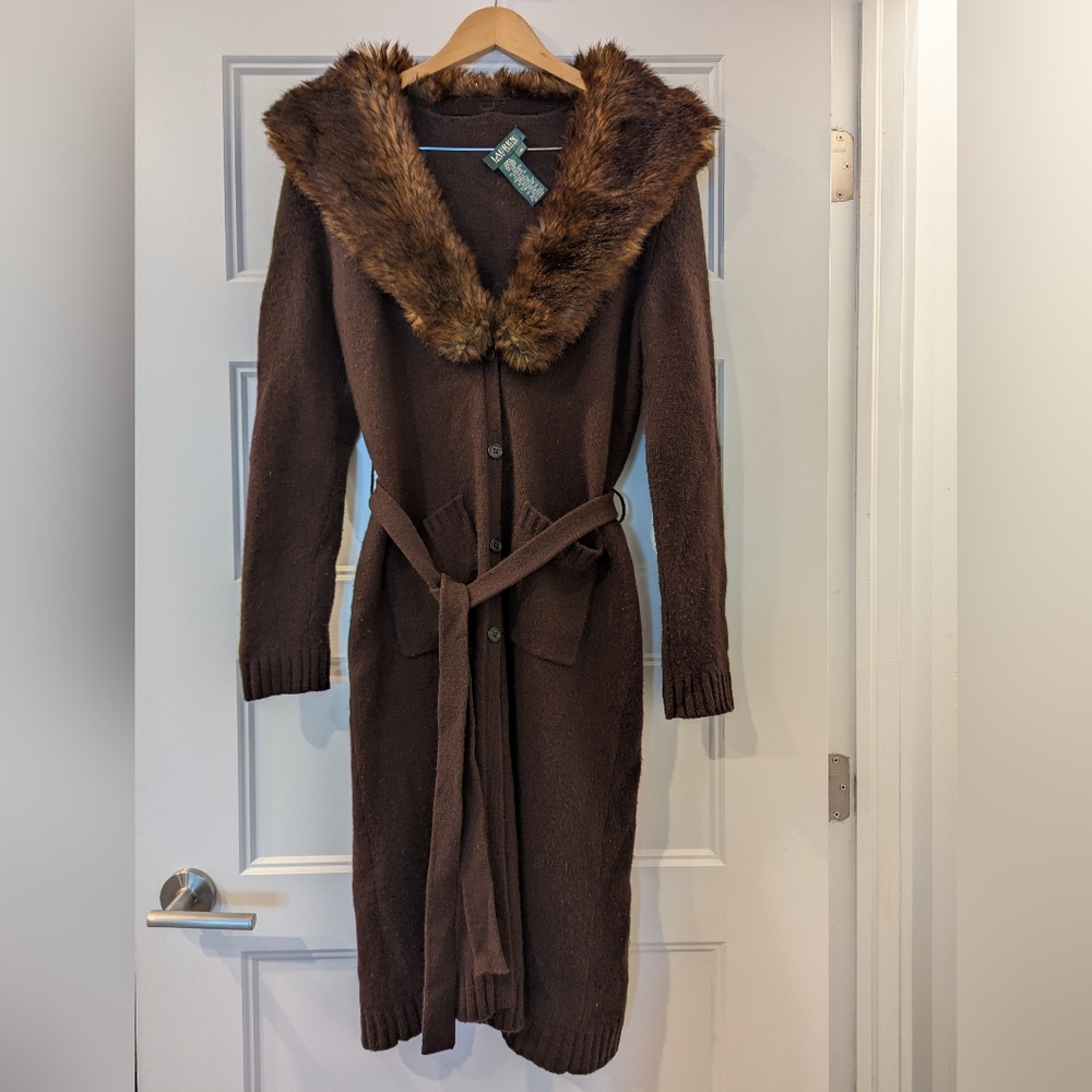 Ralph Lauren Brown Cardigan with Fur Collar